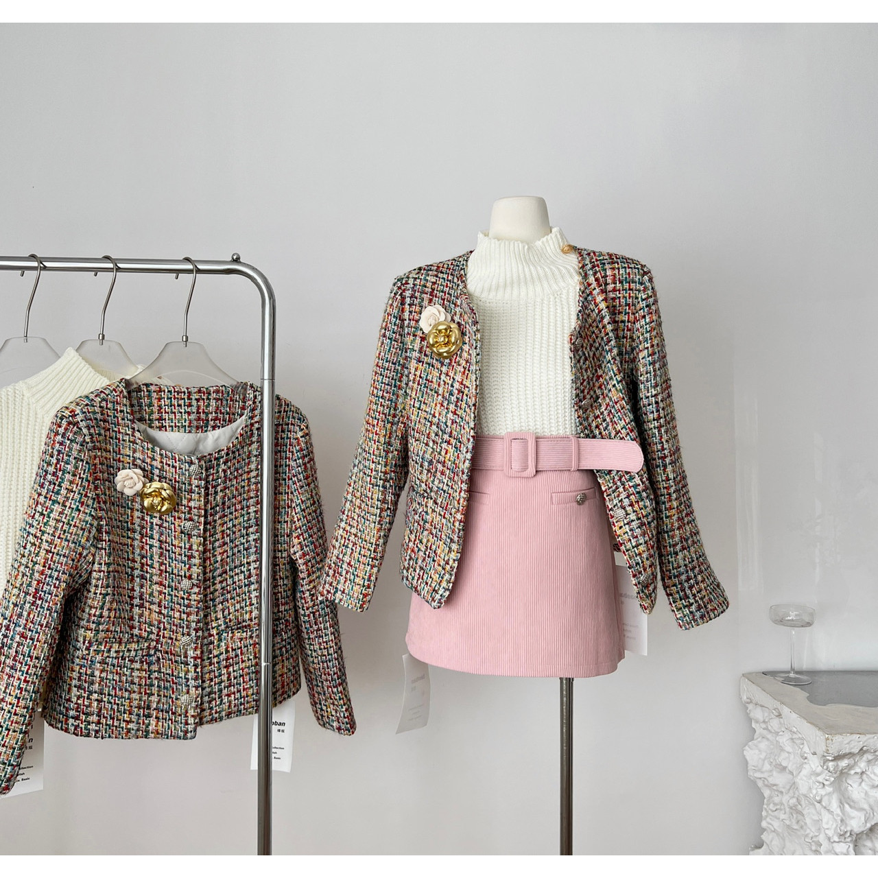 Barb Chill花色小香风短外套女秋冬套装夹棉羊毛粗花呢上衣千金风