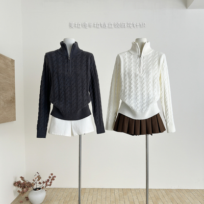 5werkwen 奢贵老钱|高克重500g 1OO绵羊毛半开襟拉链绞花毛衣