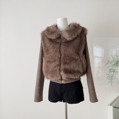 Skk Store 雪顶摩卡 环保狐狸毛双色定染复古拼接假两件毛毛外套