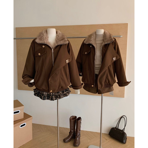 QDQD 复古美拉德翻毛领咖色毛呢外套夹羽绒加厚保暖高级感夹克冬