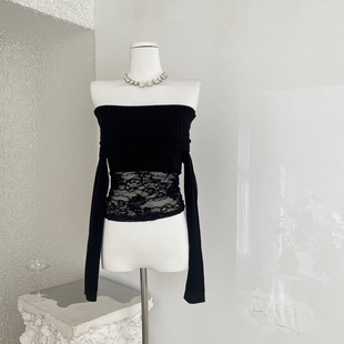 Chill巧儿半雾弥香蕾丝拼接性感纯欲修身一字肩针织衫上衣女