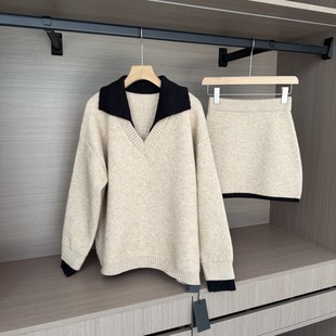 WITHMIN 针织休闲套装女秋季V领毛衣女百搭低腰包臀短裙女两件套