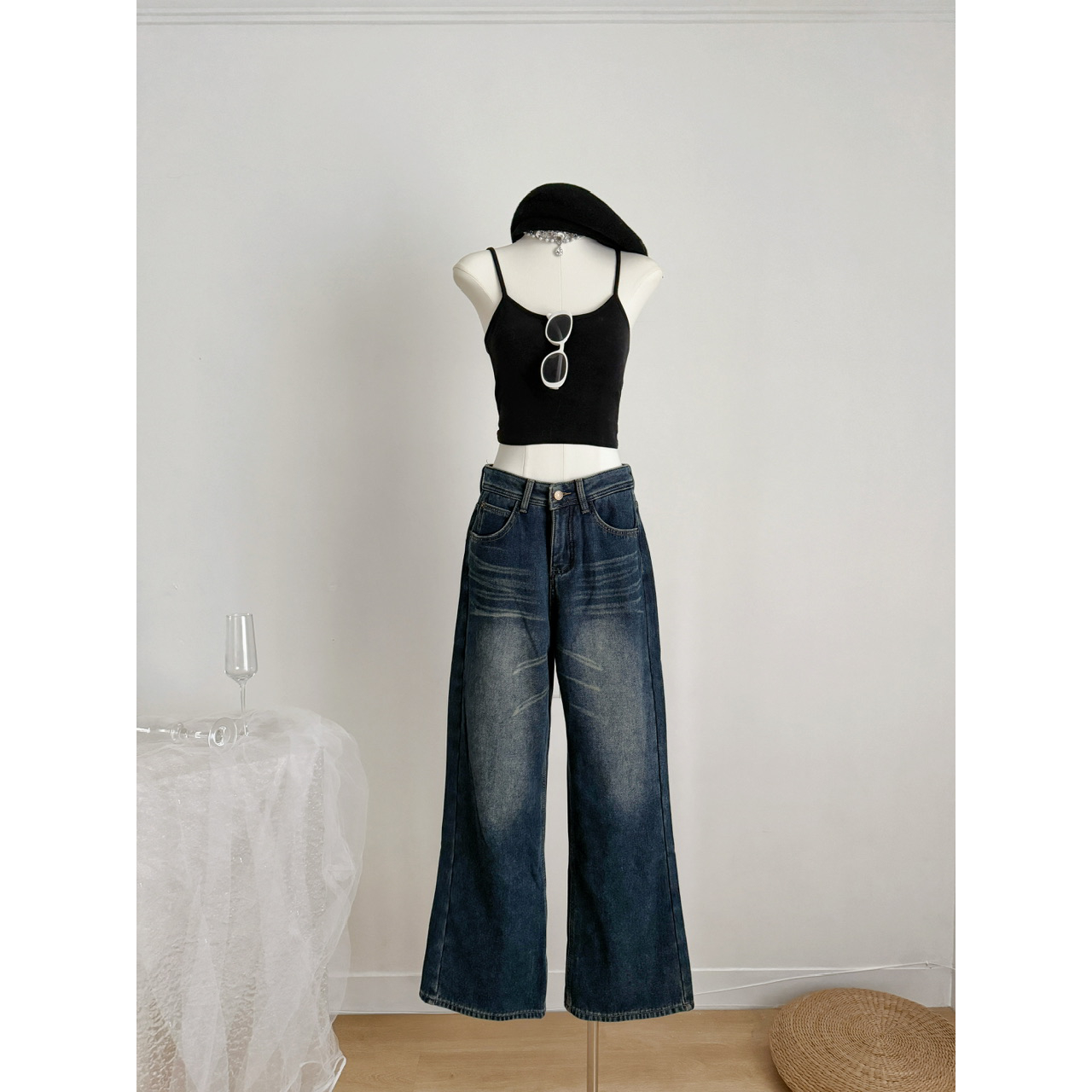 SUNONEONE 微喇深蓝低腰牛仔裤女秋季美式复古新款宽松直筒休闲裤