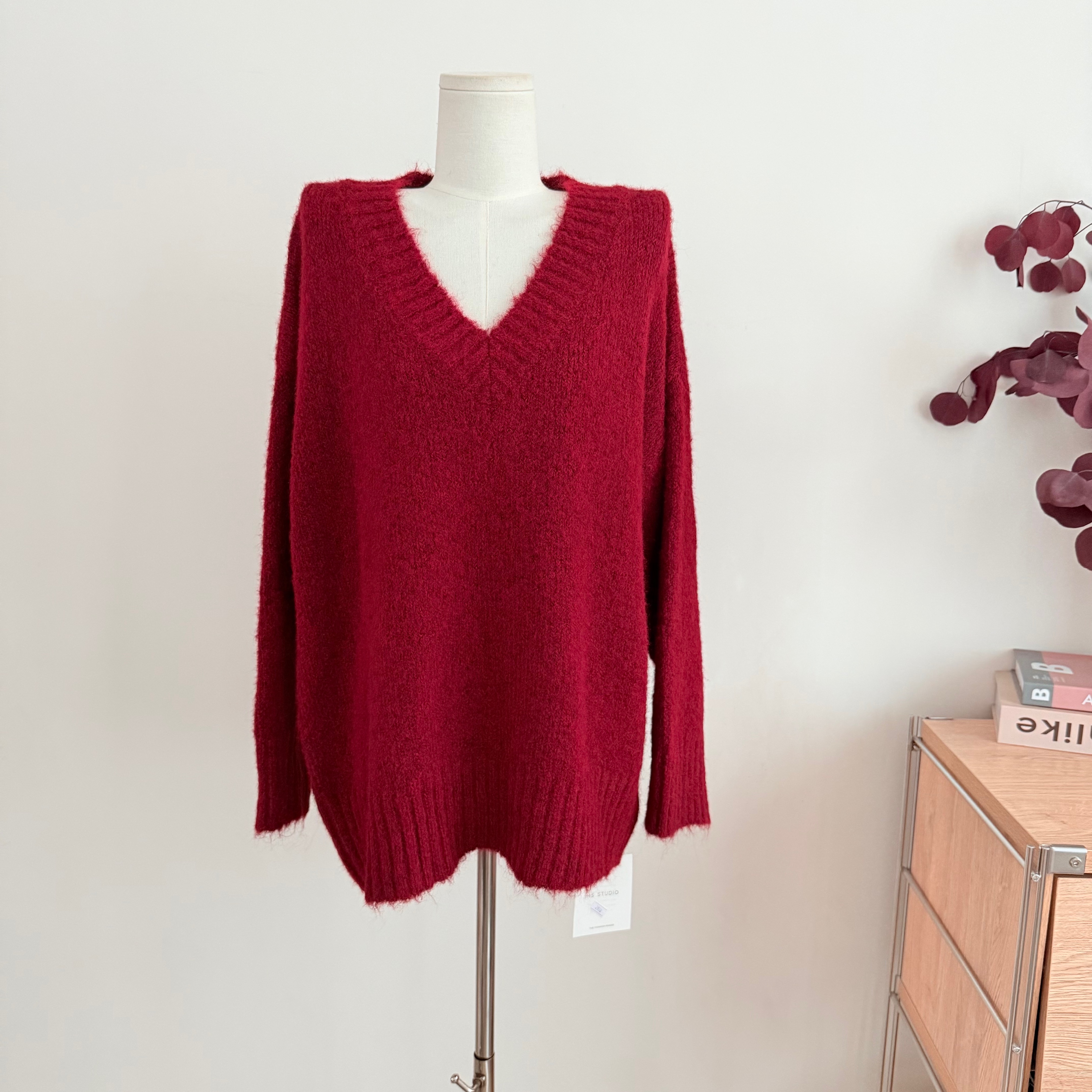 XXBAI圣诞新年红！宽松v领红色套头毛衣女小个子外穿慵懒风针织衫