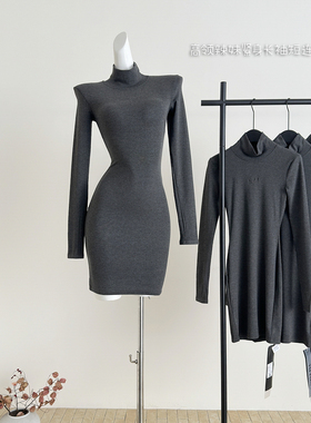 CYNR原创设计高级感高领堆堆袖LOGO刺绣针织连衣裙修身包臀打底裙