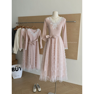 蕾丝蓬松蛋糕裙摆连衣裙加绒 复古法式 Catyears猫年 粉荔漫舞