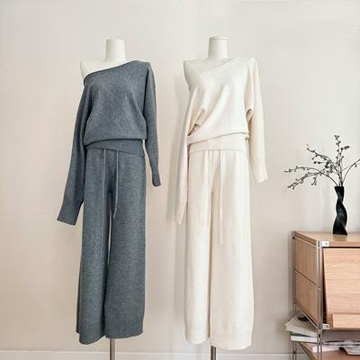 DoggyQin 懒人组/全羊毛一字肩套头针织衫秋冬慵懒休闲裤套装