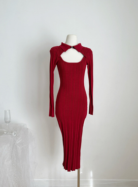 Fart Shop东方鸢尾 镂空肌理修身长袖针织包臀红色连衣裙秋冬
