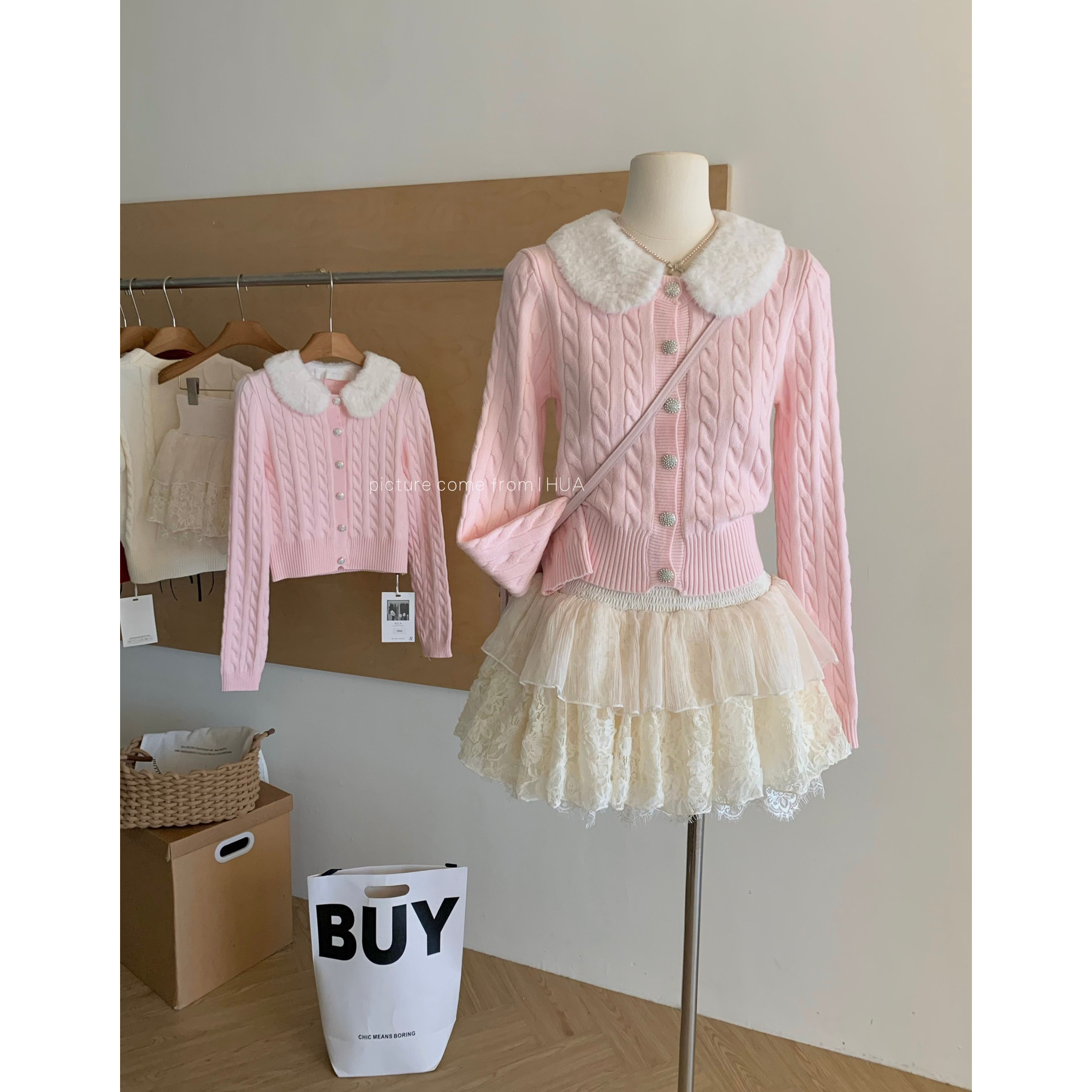 若语定制 软软豆乳 环保兔毛麻花针织开衫外套气质少女风毛衣上衣