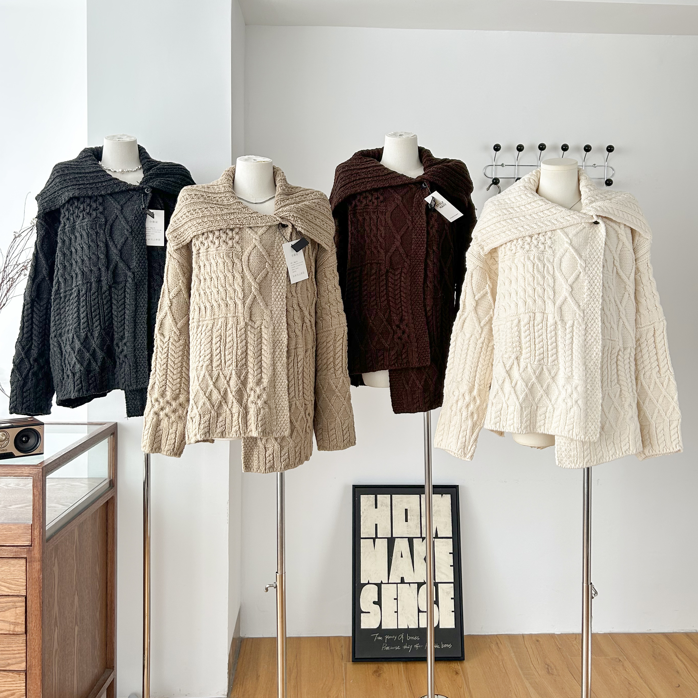 韩系翻领麻花毛衣外套女秋冬复古慵懒风加厚粗针设计感针织开衫