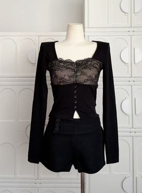 JAYKY YANG苏黎世周末镂空蕾丝拼接针织衫女长袖发热方领上衣