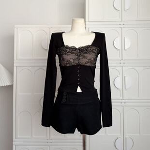 JAYKY YANG苏黎世周末镂空蕾丝拼接针织衫女长袖发热方领上衣