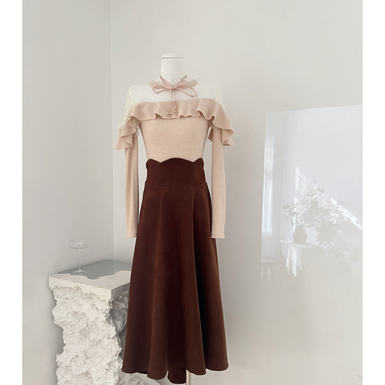 甜水仙 清楚系大小姐 定制古着蕾丝针织上衣水溶花边打底衫套装