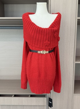 Barb Chill圣诞红宝石圣诞穿搭红色连衣裙一字肩女冬修身