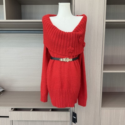 Barb Chill圣诞红宝石圣诞穿搭红色连衣裙一字肩女冬修身