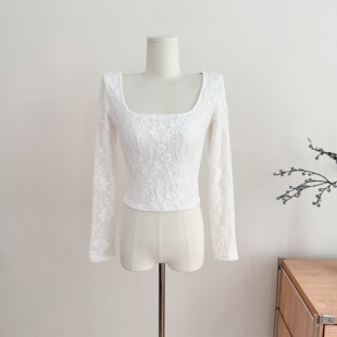 Chill巧儿珍妮莫罗浪漫立体蕾丝刺绣磨毛修身弹力T恤上衣内搭