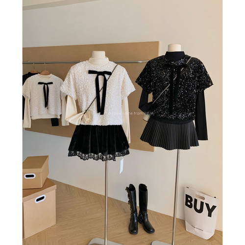 韩系两件叠穿上衣2026春季新款千金蝴蝶结短袖亮片小外套打底针织