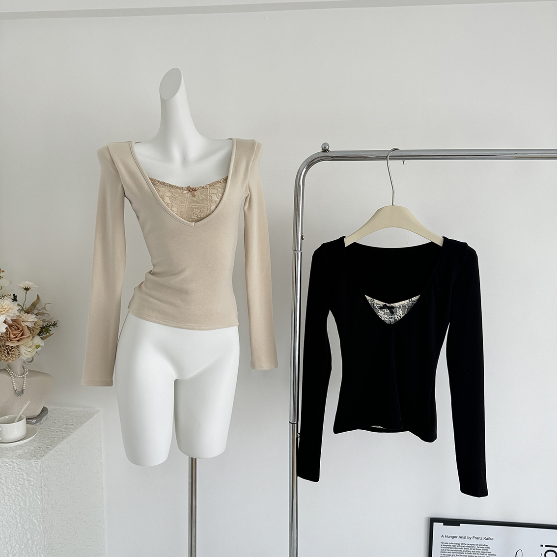 ffcheer 魅力磁场 拼蕾丝假两件长袖T恤女修身显瘦内搭打底衫上衣