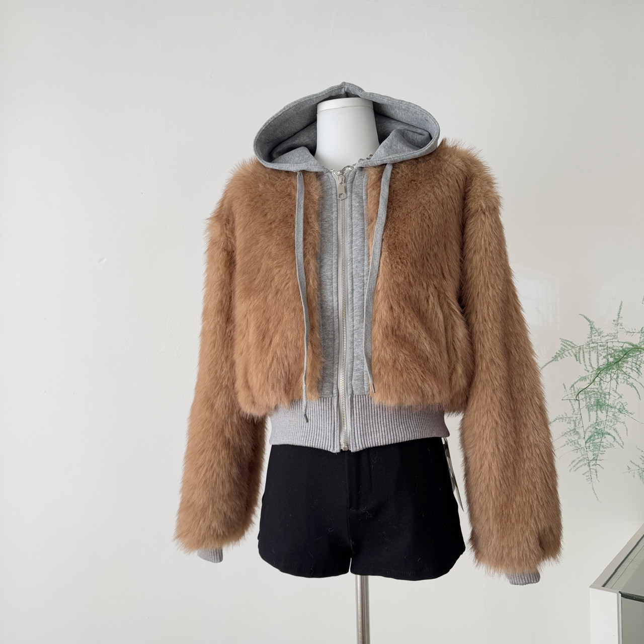 EAHO美式复古假两件拼接仿皮草连帽外套男女冬季宽松休闲保暖夹克