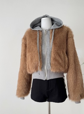 EAHO美式复古假两件拼接仿皮草连帽外套男女冬季宽松休闲保暖夹克