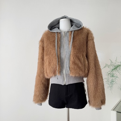 EAHO美式复古假两件拼接仿皮草连帽外套男女冬季宽松休闲保暖夹克