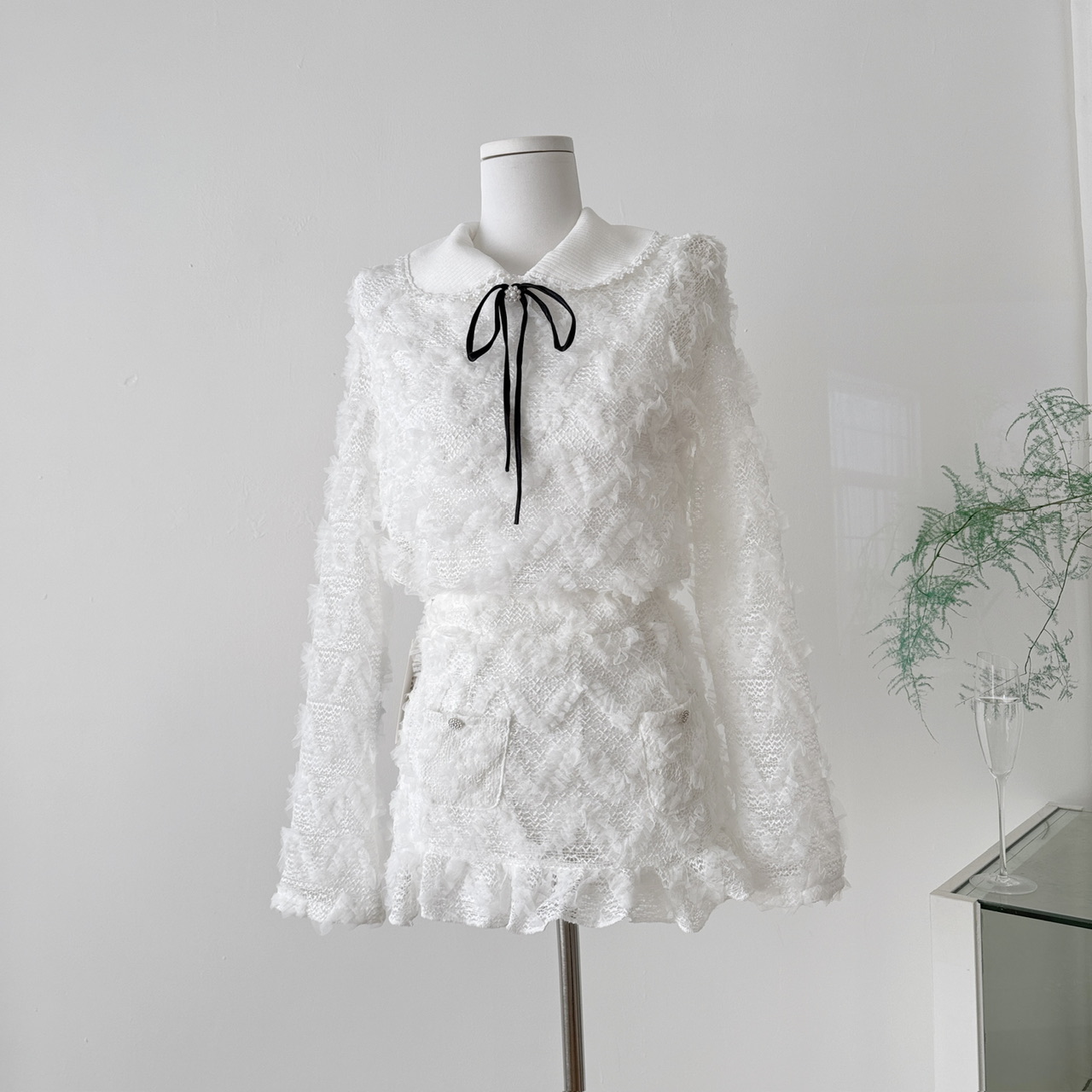 迟伞伞25/fw Cedar雪松星 jor*a蕾丝花边针织领上衣半裙气质套装