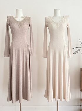 ICELOLLY长款巨好看秋冬长袖针织连衣裙女25新款蕾丝超好看冬裙子