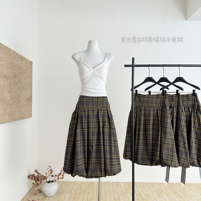 MoodBerry 美式复古棕色格纹半身裙女秋冬季高腰中长款a字花苞裙