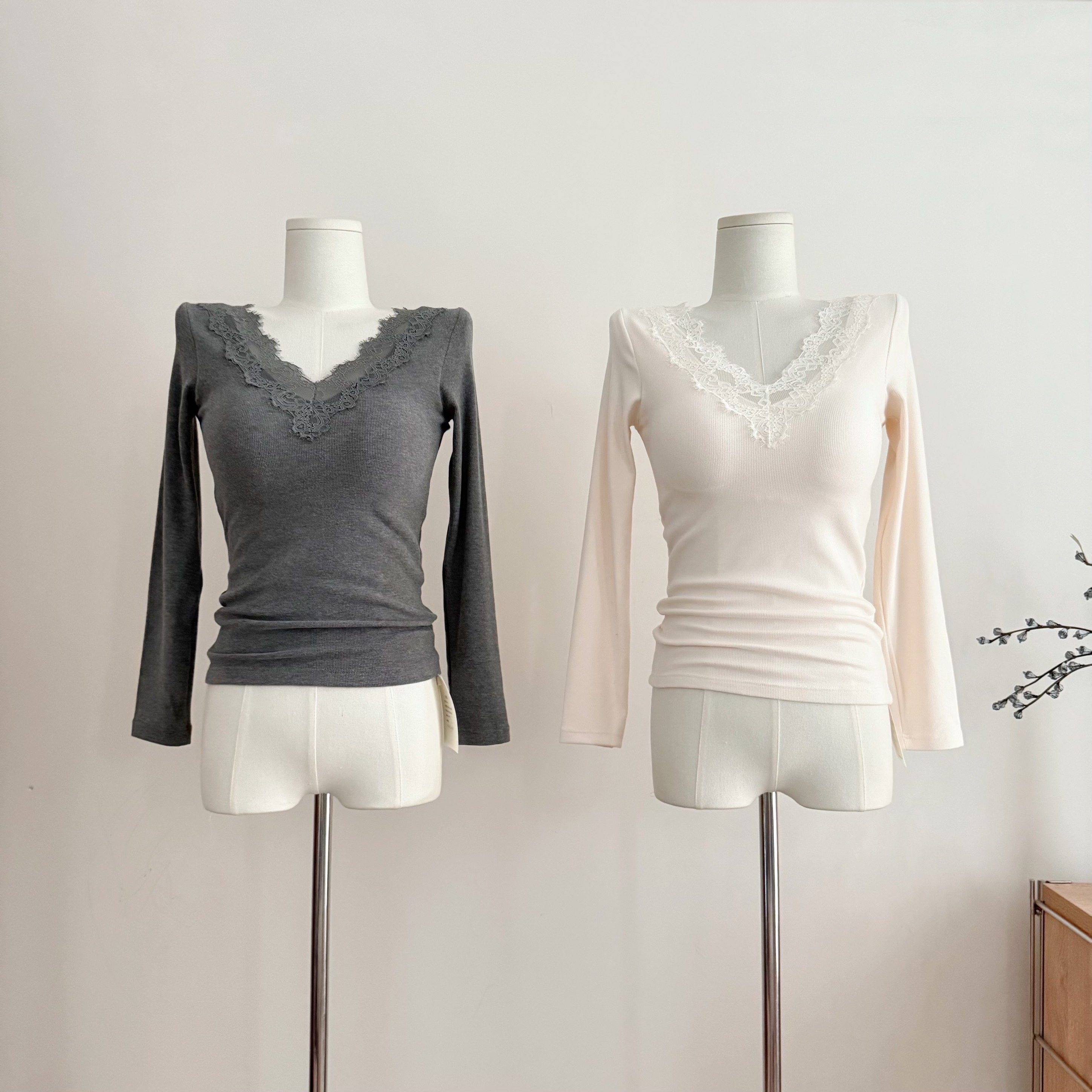 NAOAO 悸动的心 巨百搭！超亲肤长袖蕾丝内搭打底自带胸垫