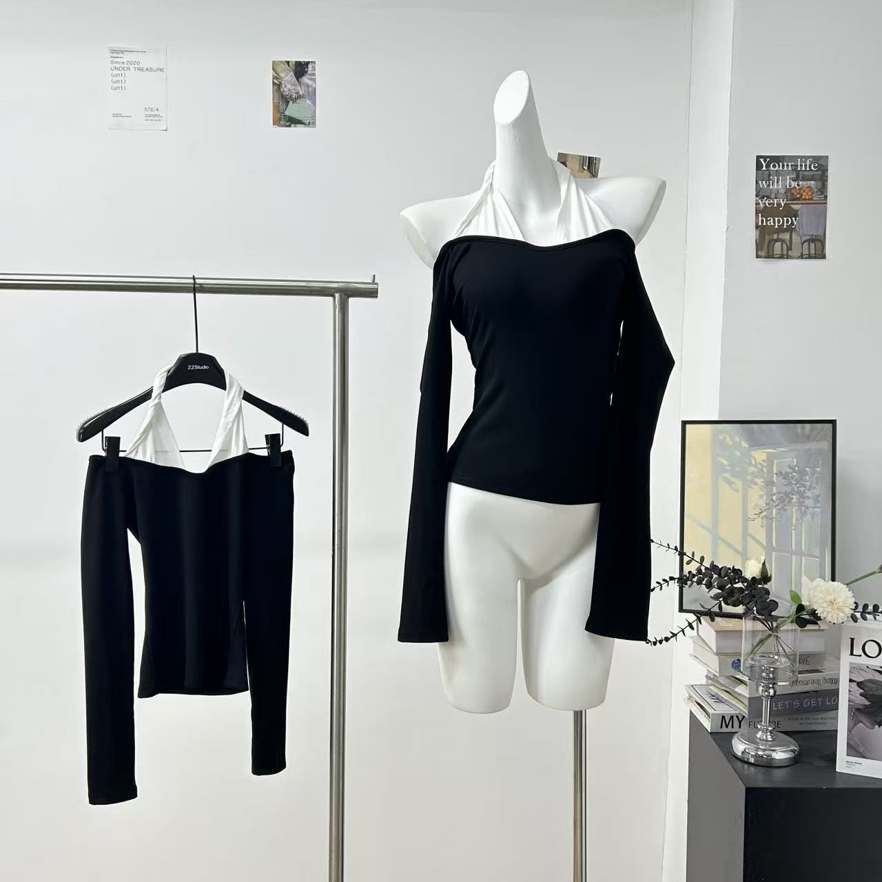 sheepland白茶黑巧 假两件一字肩长袖t恤女秋冬修身显瘦打底上衣