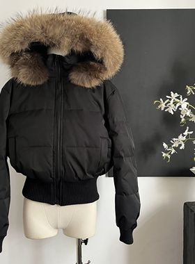 SUNONEONE 黑色90白鸭绒貉子毛羽绒服女冬季短款韩系加厚保暖外套