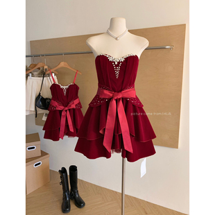 复古红丝绒连衣裙 圣诞主题小礼裙 腰封 罗曼蒂克 Catyears猫年