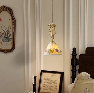 法式田园床头吊灯vintage中古书房卧室花朵壁灯创意陶瓷中山灯具