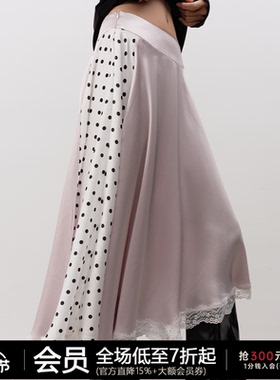 JCAESAR WOMEN 波点拼接蕾丝长裙 缎光面料 侧双拉链 可翻腰头