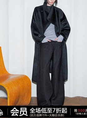 JCAESAR WOMEN 斜领系带长款双面呢大衣 羊毛混纺 宽松羊毛外套冬