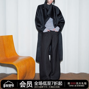 JCAESAR WOMEN 斜领系带长款双面呢大衣 羊毛混纺 宽松羊毛外套冬