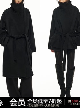 JCAESAR WOMEN 斜拉链系带中长款呢大衣 高克重澳毛 宽松羊毛外套