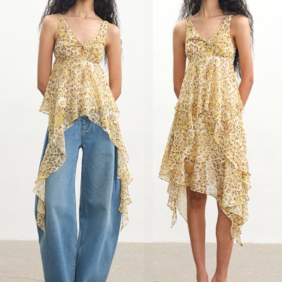 JCAESAR WOMEN 豹纹薄纱吊带 韩国进口面料 天然色织 纽结设计