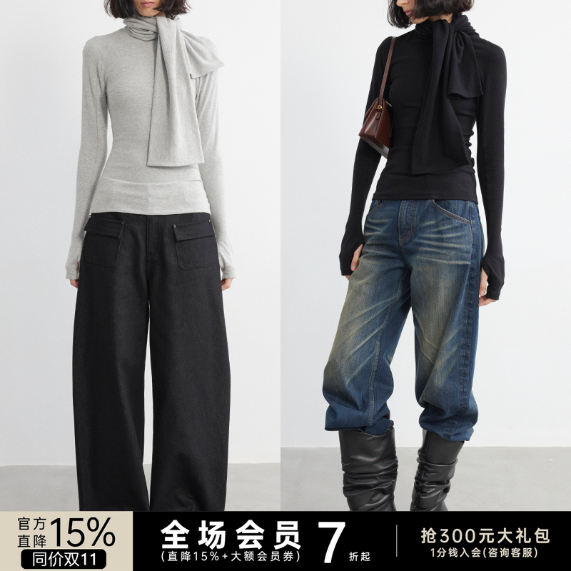 JCAESAR WOMEN 围巾打底衫半指长袖 优可丝棉 领口系带卫衣 多色