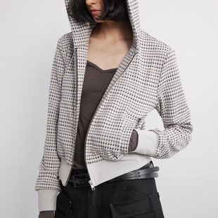 WOMEN 微露腰线 小花连帽卫衣 修身 双色 像素提花面料 JCAESAR