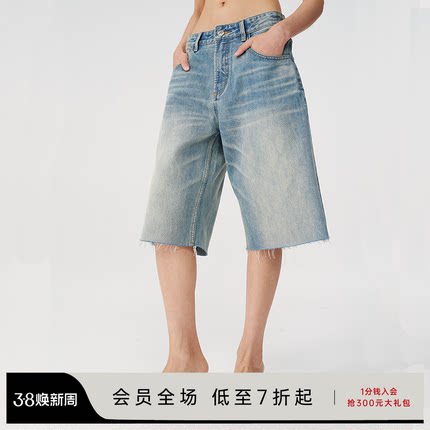 JCAESAR JHORTS 水洗毛边牛仔七分裤女 脚口做旧多道水洗自然落色