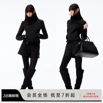 JCAESAR WOMEN 螺纹交叉领修身斜拉链羽绒服 90白鸭绒 短款黑色