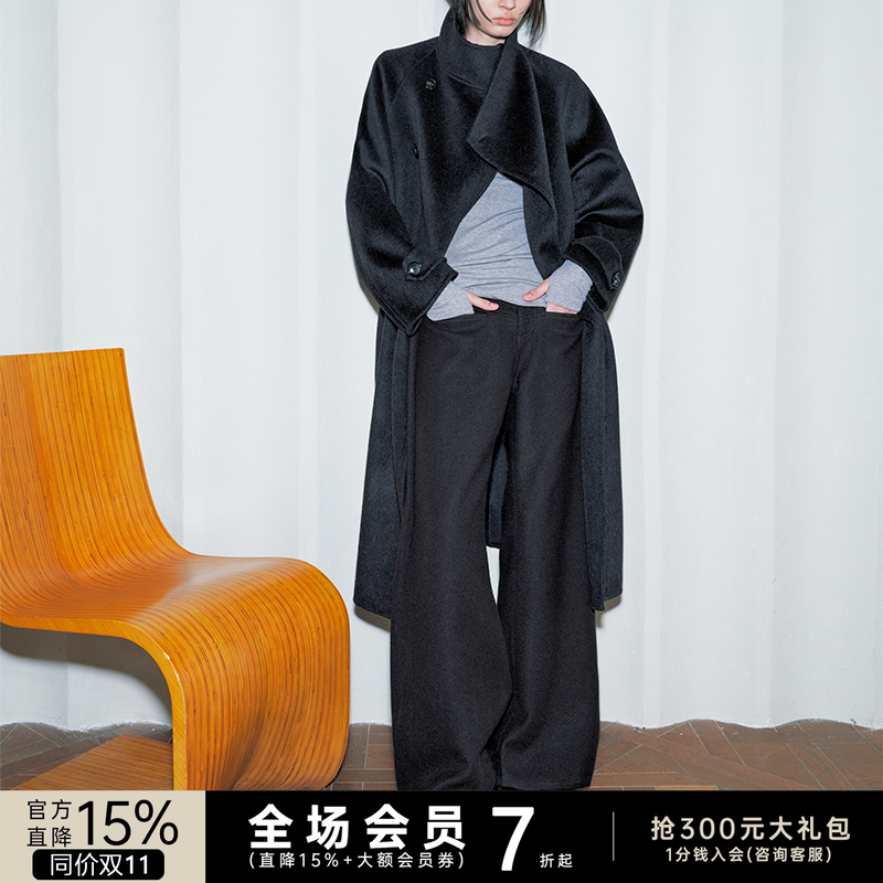 JCAESAR WOMEN 斜领系带长款双面呢大衣 羊毛混纺 宽松羊毛外套冬