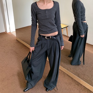 直筒阔腿 JCAESAR 垂感休闲 人字纹双褶长裤 隐藏腰头扣 WOMEN