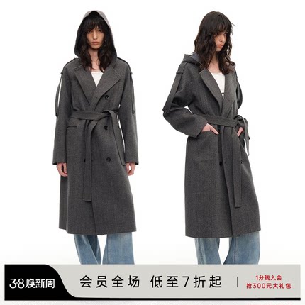 JCAESAR WOMEN 连帽双排扣人字纹风衣 系带设计 H型中长款外套