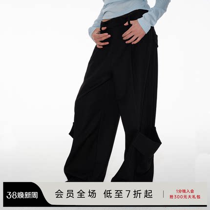 JCAESAR WOMEN 双口袋打褶长裤 直筒微喇 脚口双立体口袋休闲裤