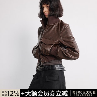 宽版 皮衣外套 型口袋抽褶皮夹克 WOMEN油蜡皮光泽质感短款 JCAESAR