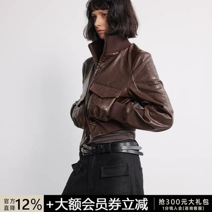 JCAESAR WOMEN油蜡皮光泽质感短款皮衣外套 宽版型口袋抽褶皮夹克