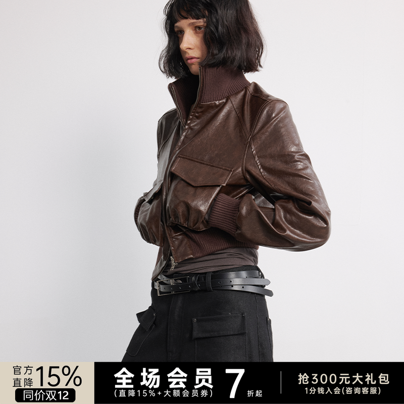 JCAESAR WOMEN油蜡皮光泽质感短款皮衣外套 宽版型口袋抽褶皮夹克