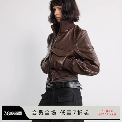 JCAESAR WOMEN油蜡皮光泽质感短款皮衣外套 宽版型口袋抽褶皮夹克